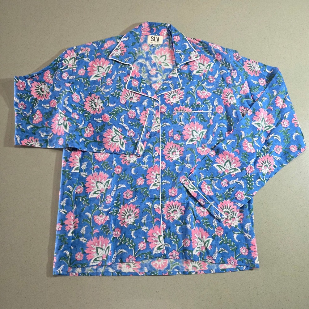 SLV Sur La Vague Blue Floral Cotton Pajama Top Shirt M/L Block Print Long Sleeve